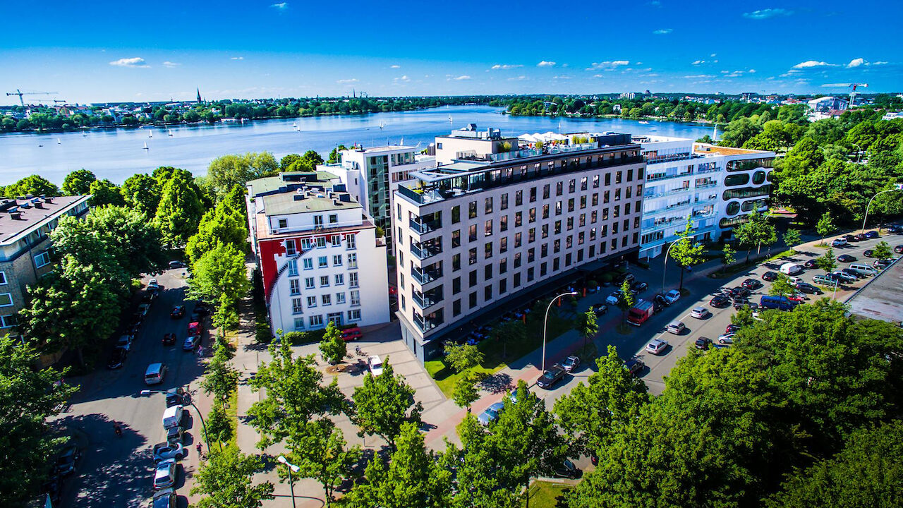 Aerial view of The George Hotel with the Alster behind